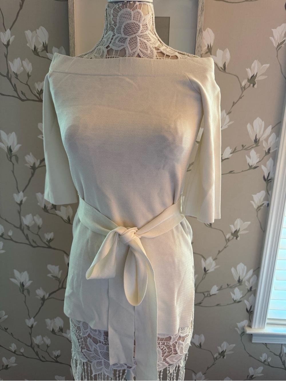 Massimo Dutti Cream Off-Shoulder Tie-Waist Tunic NWT